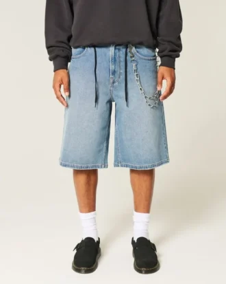 Orta Yıkama Süper Bol Denim Şort