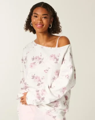 Oversize Omuzları Açık Çiçek Desenli Fiyonklu Sweatshirt