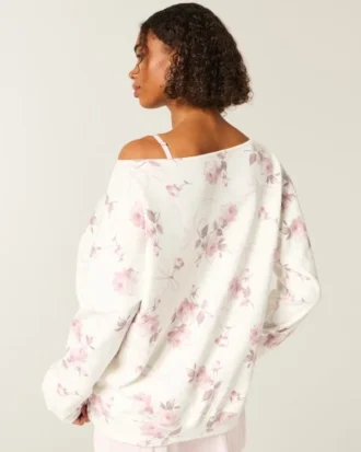 Oversize Omuzları Açık Çiçek Desenli Fiyonklu Sweatshirt