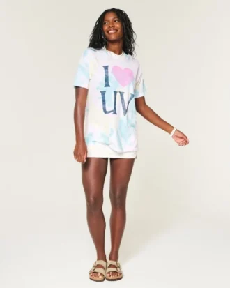 Oversized Tie-Dye I Heart UV Grafikli Tişört
