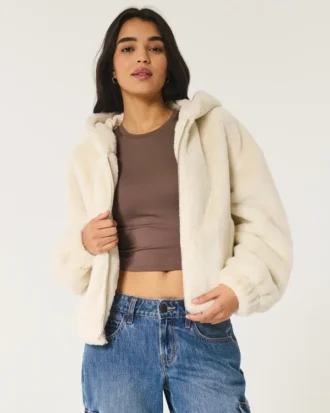 Rahat Suni Kürk Fermuarlı Kapüşonlu Sweatshirt