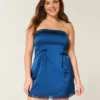 Saten Straplez Fiyonklu Bodycon Elbise
