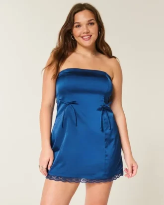 Saten Straplez Fiyonklu Bodycon Elbise