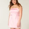 Saten Straplez Fiyonklu Bodycon Elbise