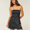 Saten Straplez Fiyonklu Bodycon Elbise