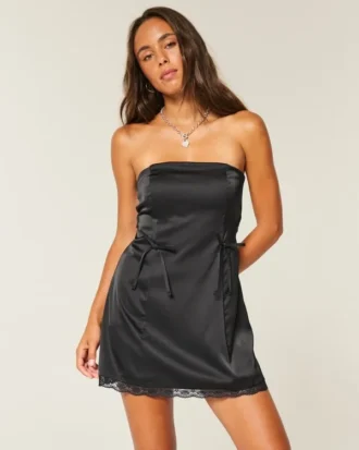 Saten Straplez Fiyonklu Bodycon Elbise