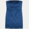 Saten Straplez Fiyonklu Bodycon Elbise