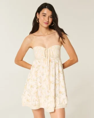 Straplez Fırfırlı Babydoll Mini Elbise