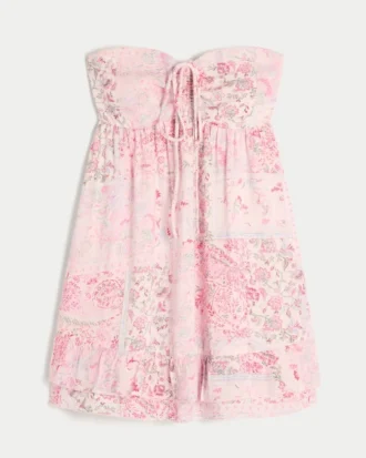 Straplez Fırfırlı Babydoll Mini Elbise