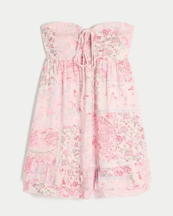 Straplez Fırfırlı Babydoll Mini Elbise