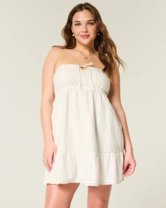 Straplez Nakışlı Babydoll Elbise