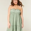 Straplez Nakışlı Babydoll Elbise