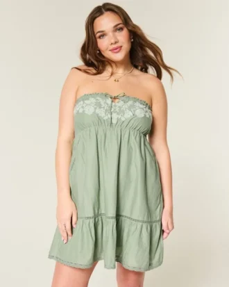 Straplez Nakışlı Babydoll Elbise