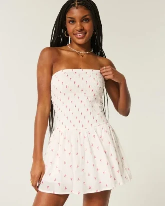Straplez Smocked Bodice Mini Elbise