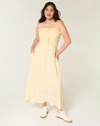 Straplez Smocked Maxi Elbise