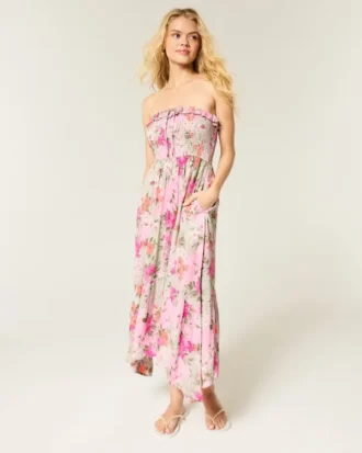 Straplez Smocked Maxi Elbise