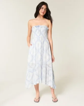 Straplez Smocked Maxi Elbise