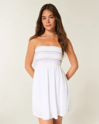 Straplez Smocked Mini Elbise