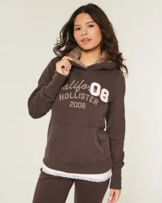 Suni Kürk Astarlı Kapüşonlu Grafik Kapüşonlu Sweatshirt