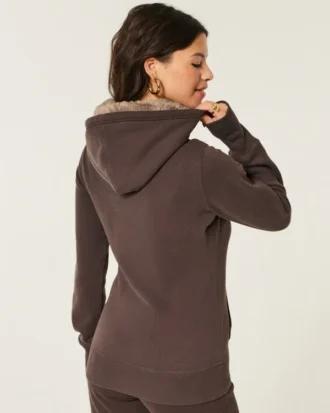 Suni Kürk Astarlı Kapüşonlu Grafik Kapüşonlu Sweatshirt