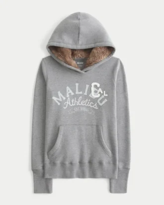 Suni Kürk Astarlı Kapüşonlu Grafik Kapüşonlu Sweatshirt