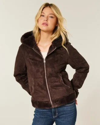 Suni Kürk Astarlı Suni Shearling Kapüşonlu Ceket
