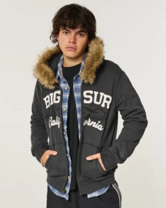 Suni Kürk Süslü Fermuarlı Big Sur Grafik Kapüşonlu Sweatshirt