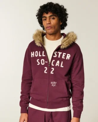 Suni Kürk Süslü Fermuarlı Logo Grafik Kapüşonlu Sweatshirt