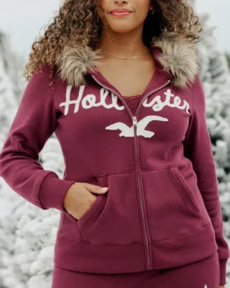 Suni Kürk Süslü Logo Grafik Fermuarlı Kapüşonlu Sweatshirt
