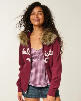 Suni Kürk Süslü Logo Grafik Fermuarlı Kapüşonlu Sweatshirt