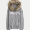 Suni Kürk Süslü Logo Grafik Fermuarlı Kapüşonlu Sweatshirt Suni Kürk Süslü Logo Grafik Fermuarlı Kapüşonlu Sweatshirt