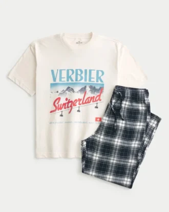 İsviçre Grafikli Tişört ve Flanel Pijama Pantolonu Seti