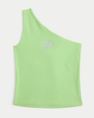 Tek Omuzlu Kalp Desenli Tank Top
