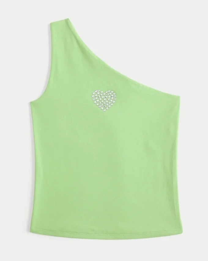 Tek Omuzlu Kalp Desenli Tank Top