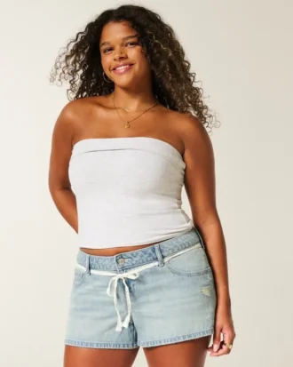 Ultra Düşük Bel Açık Yıkama Dantel Bağcıklı Denim Mini Şort