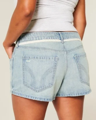 Ultra Düşük Bel Açık Yıkama Dantel Bağcıklı Denim Mini Şort