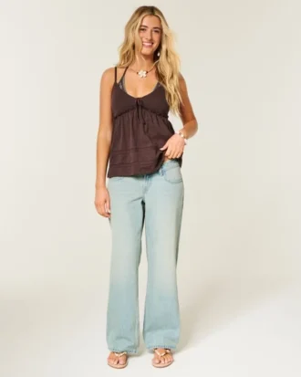 Ultra Düşük Bel Açık Yıkama Tokalı Arka Baggy Jean