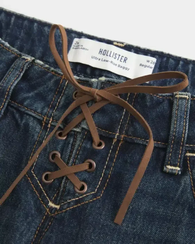 Ultra Düşük Bel Koyu Yıkama Bağcıklı Bol Kot Pantolon Ultra Düşük Bel Koyu Yıkama Bağcıklı Bol Kot Pantolon