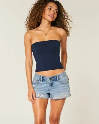 Ultra Düşük Bel Nakışlı Denim Mini Şort