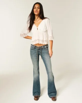 Ultra Düşük Bel Nakışlı Kemer Orta Yıkama Flare Jeans