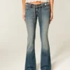Ultra Düşük Bel Nakışlı Kemer Orta Yıkama Flare Jeans Ultra Düşük Bel Nakışlı Kemer Orta Yıkama Flare Jeans