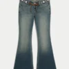 Ultra Düşük Bel Nakışlı Kemer Orta Yıkama Flare Jeans Ultra Düşük Bel Nakışlı Kemer Orta Yıkama Flare Jeans