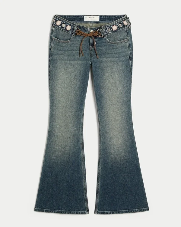Ultra Düşük Bel Nakışlı Kemer Orta Yıkama Flare Jeans Ultra Düşük Bel Nakışlı Kemer Orta Yıkama Flare Jeans