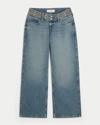 Ultra Düşük Bel Orta Yıkama Nakışlı Bel Baggy Jeans