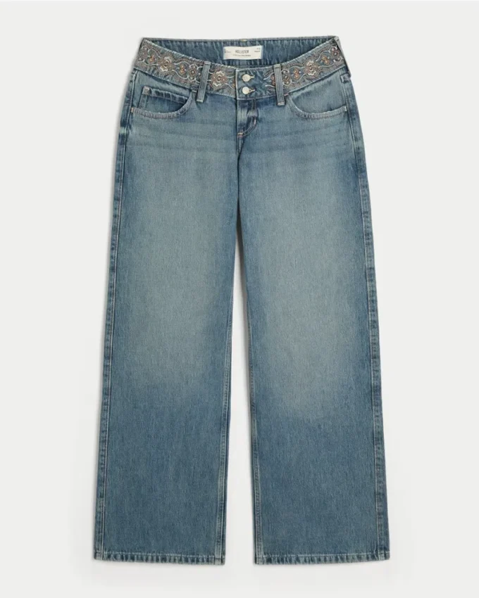 Ultra Düşük Bel Orta Yıkama Nakışlı Bel Baggy Jeans Ultra Düşük Bel Orta Yıkama Nakışlı Bel Baggy Jeans