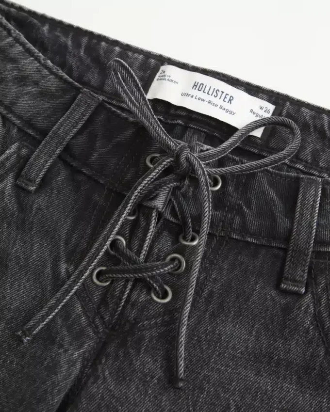 Ultra Düşük Bel Yıkanmış Siyah Bağcıklı Bol Kot Pantolon Ultra Düşük Bel Yıkanmış Siyah Bağcıklı Bol Kot Pantolon