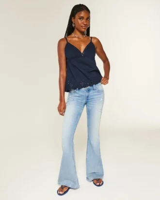 Ultra Düşük Bel, Yıpranmış, Açık Renkli, Payetli Flare Jeans