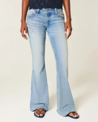 Ultra Düşük Bel, Yıpranmış, Açık Renkli, Payetli Flare Jeans