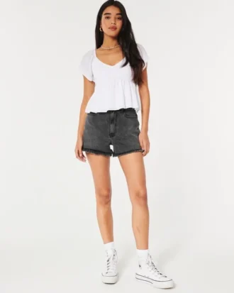 Ultra Yüksek Bel Soluk Siyah Denim Mom Şort