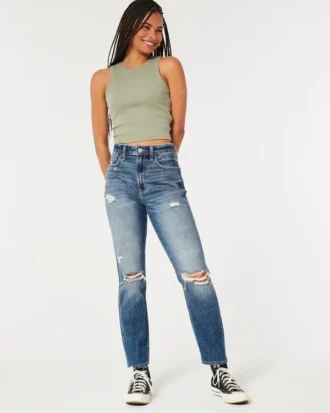 Ultra Yüksek Bel Yırtık Orta Yıkama Mom Jeans